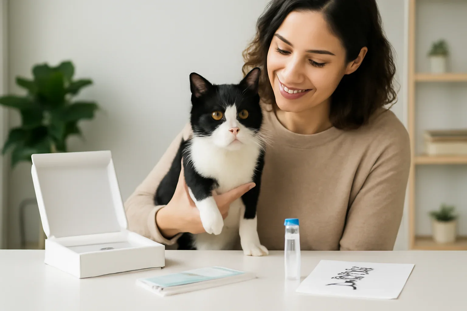 Cat owner and cat DNA testing materials in a clean modern workspace
