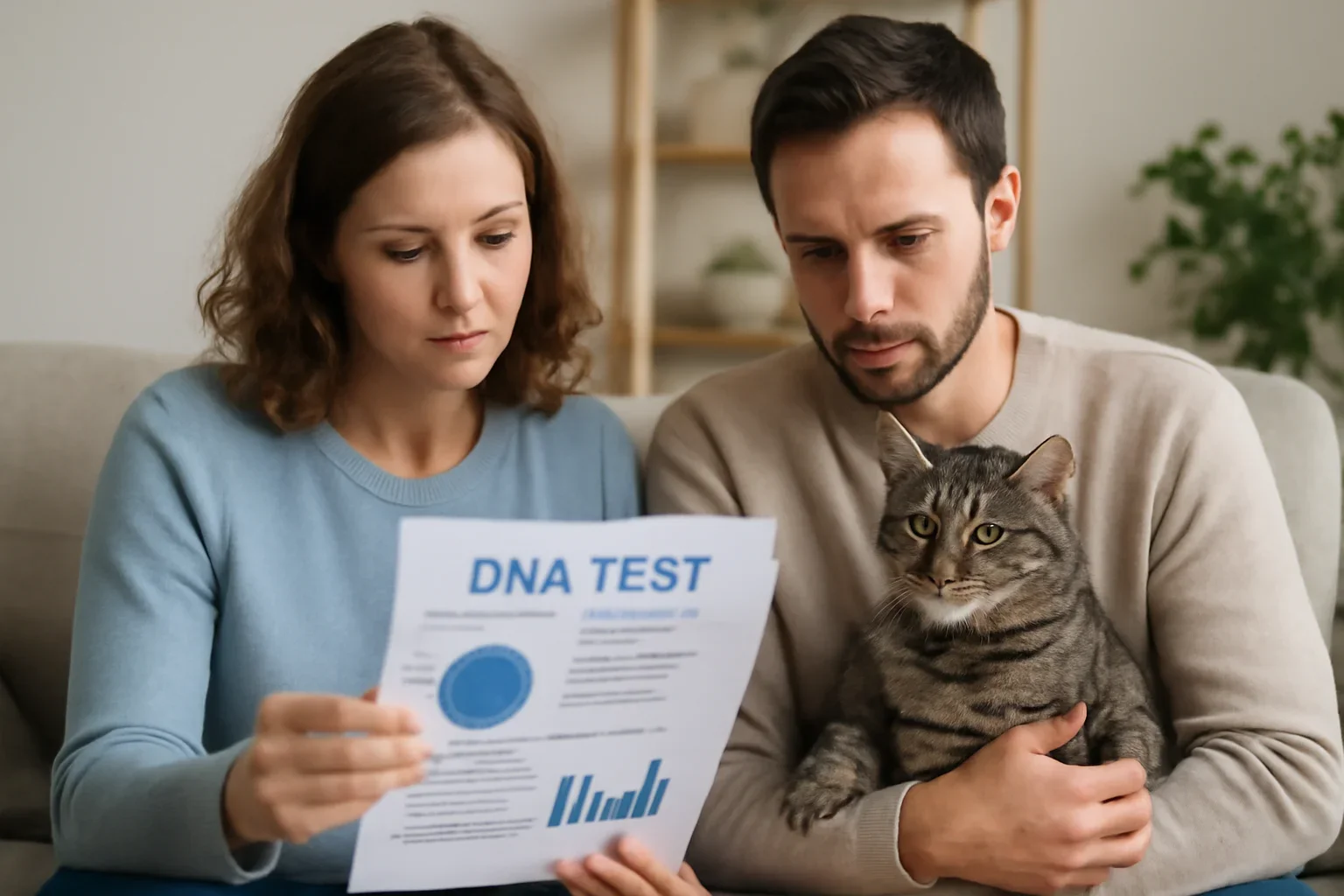 Cat owners reviewing practical DNA testing outcomes in a home setting