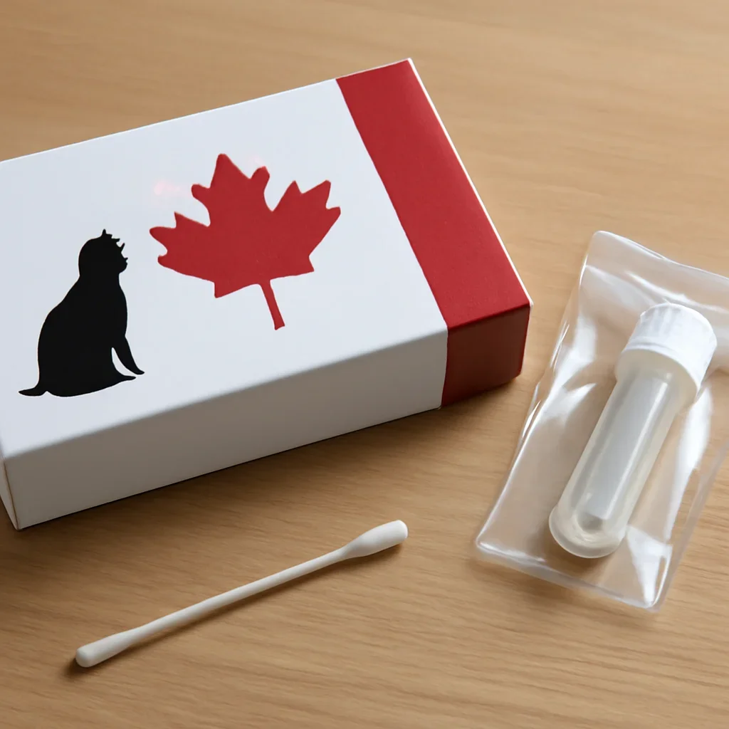 Cat DNA kit and packaging prepared for a Canadian household