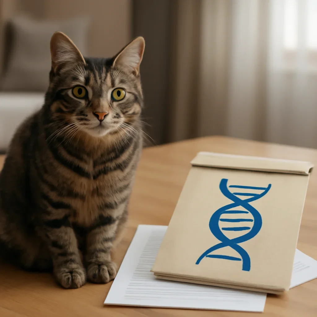 House cat beside paperwork and a mailed DNA kit return pack