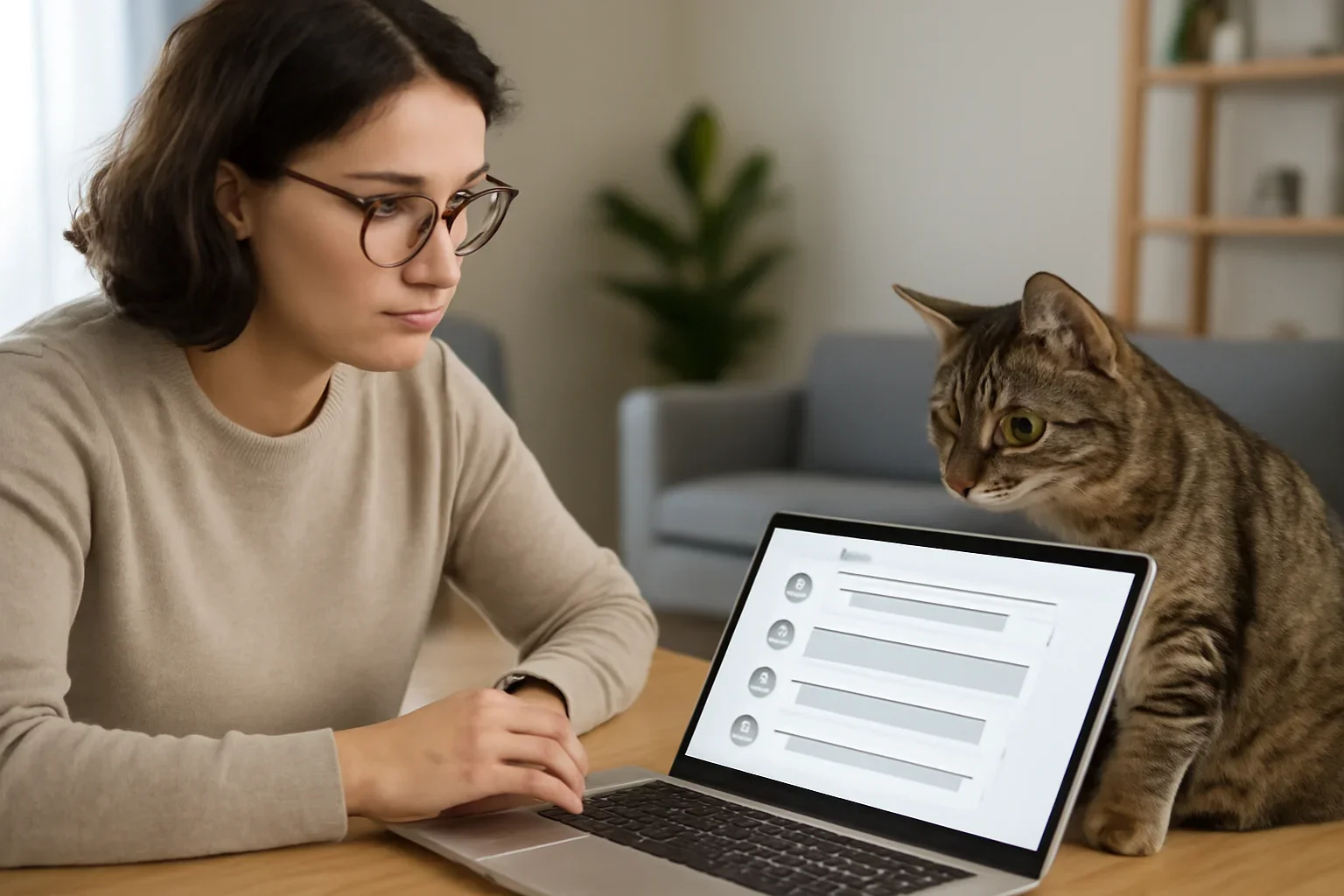 Cat owner reviewing a list of frequently asked questions about DNA testing