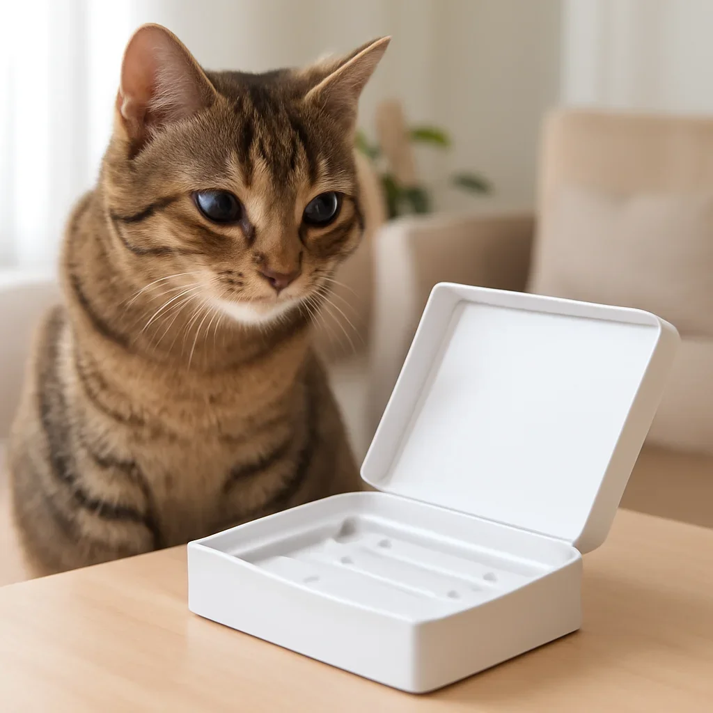 Curious cat beside an at-home DNA collection kit for at-home kit
