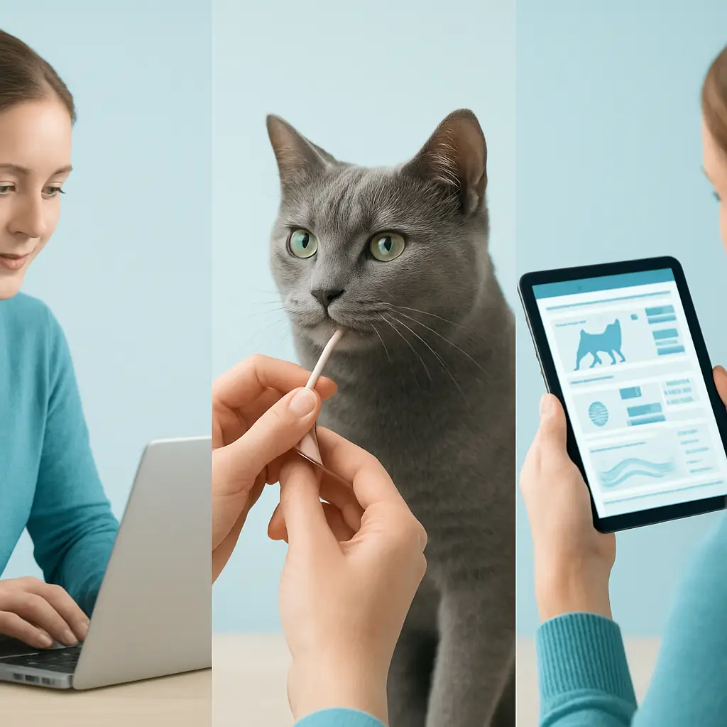 Order and lab status workflow for a cat DNA testing journey