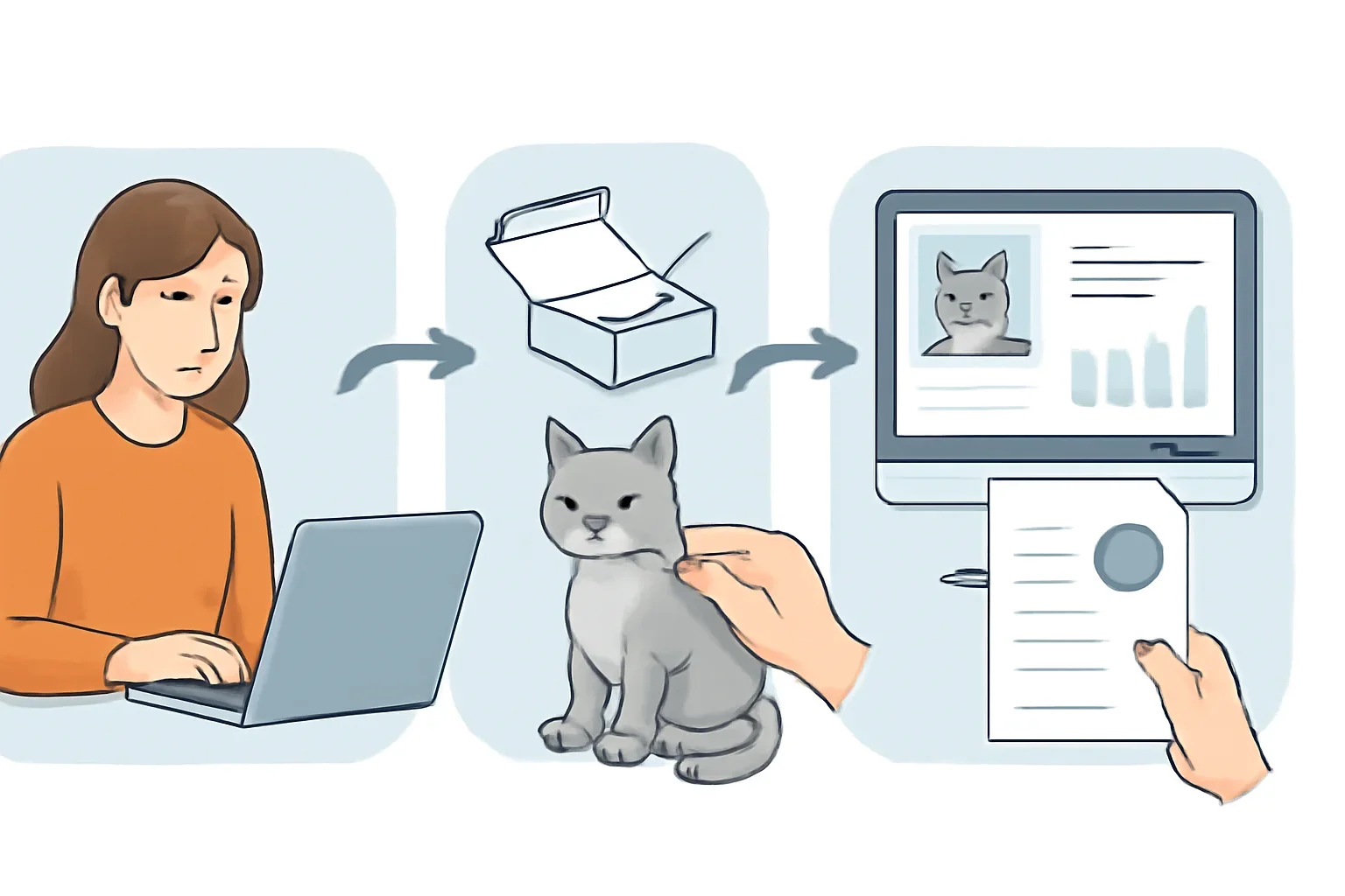 Connected workflow showing ordering, sample return, and report delivery for cat DNA testing