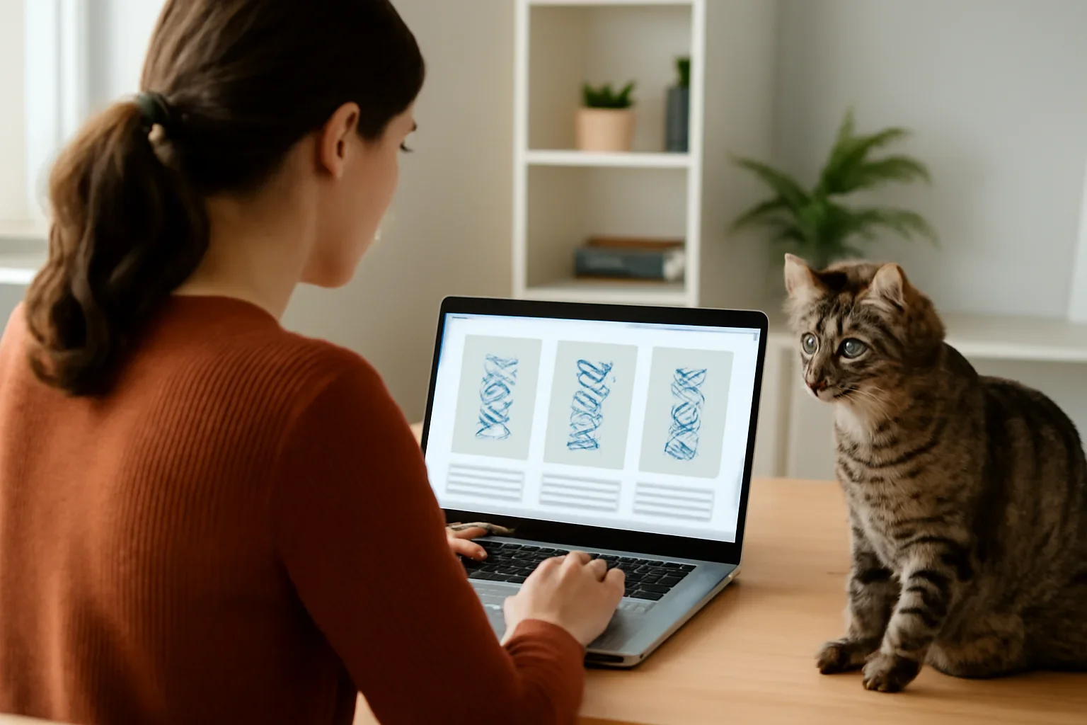 Cat owner comparing feline DNA and health test options on a laptop