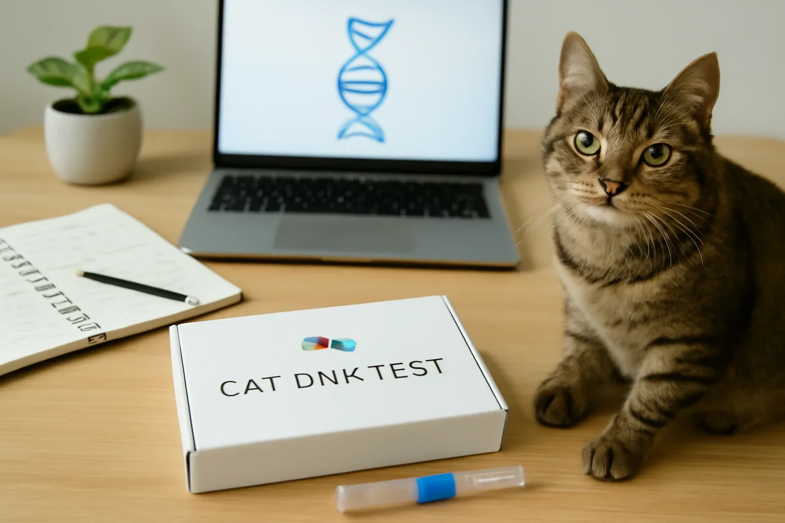 Support-focused cat DNA testing workspace with kit, notes, and laptop