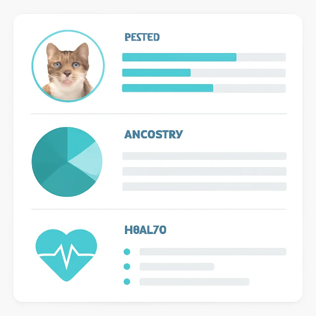 Detailed cat DNA results screen with labelled report sections